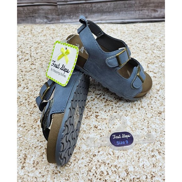 First Steps By Stepping Stops Gray Blue Arizona Style Toddler's Sandals Size 8T - Picture 4 of 9